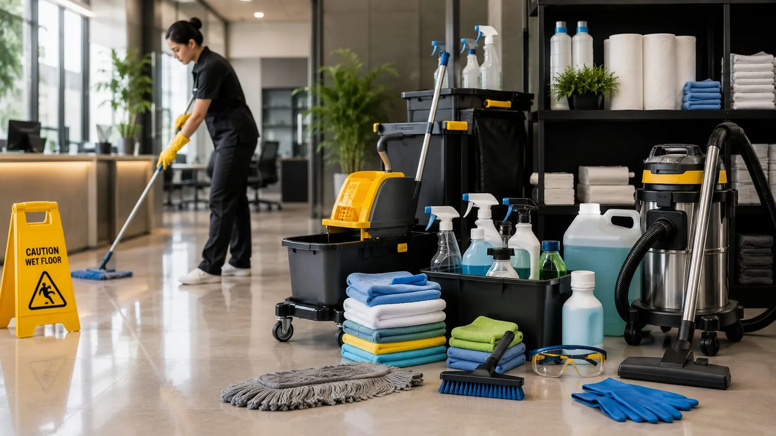Professional cleaner sanitizing a window