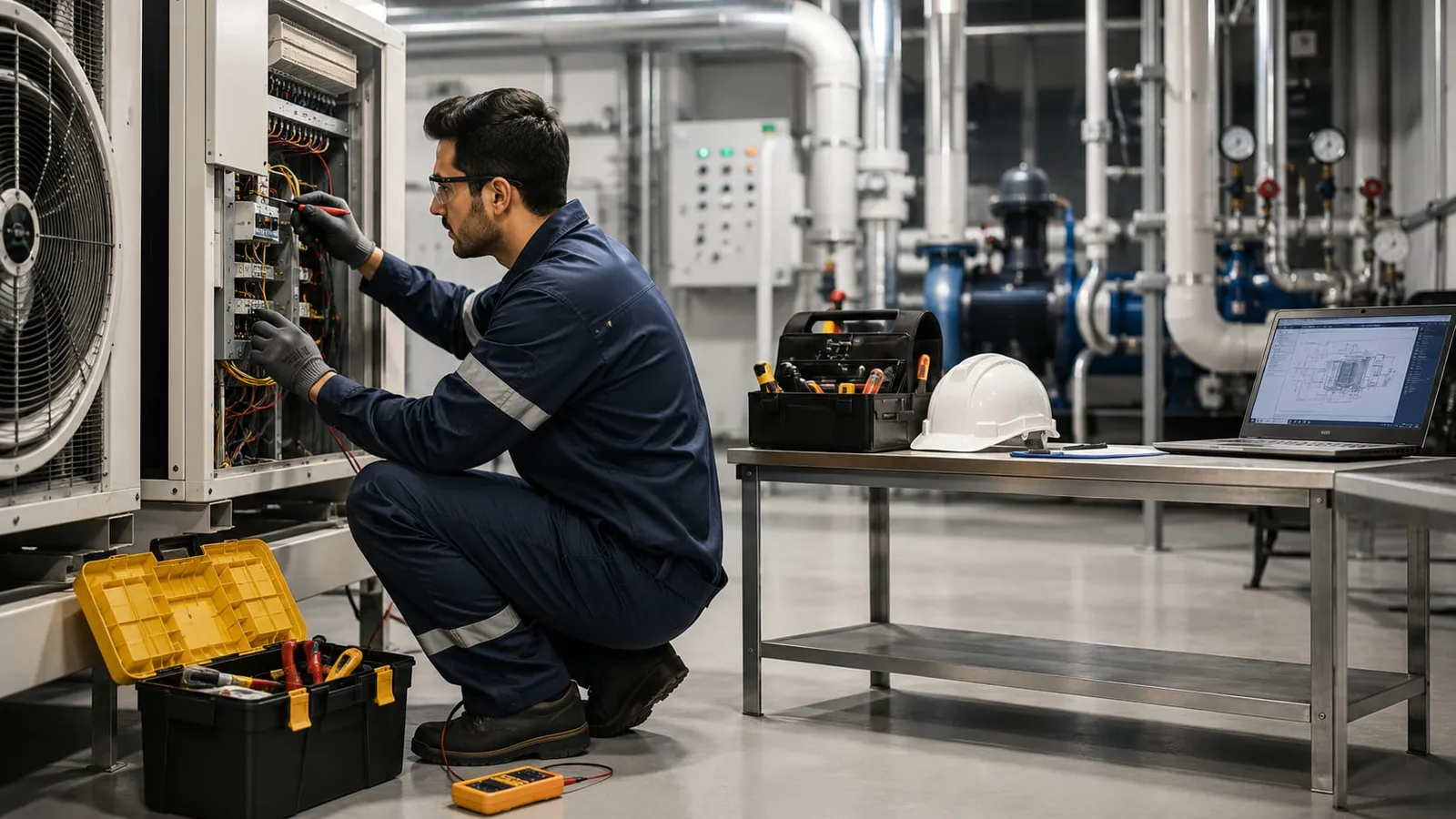 Technician performing HVAC and electrical maintenance