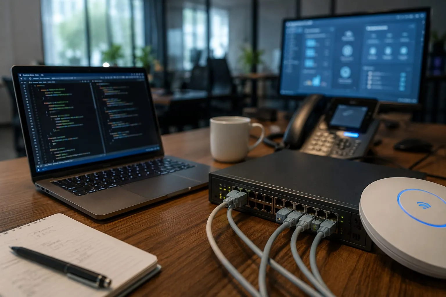 Server room with IT staff monitoring systems